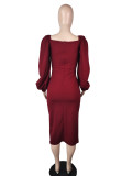 Puff Sleeve Solid Slit Elegant Midi Dress