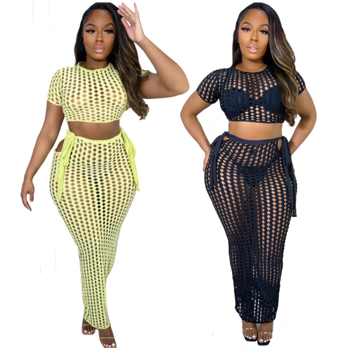 Fishnet Two-Piece Set Sexy Hollow Out See Through Crop Top and Long Skirt  US$ 8.33 - www.lover-pretty.com