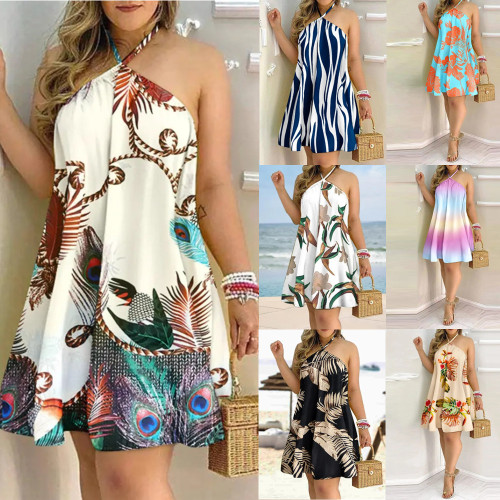 Print Halter Backless Loose Short Beach Dress