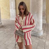 Casual Striped Button Up Sweater + Shorts 2PCS Set