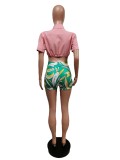 Fashion Casual Two Piece Set Lace Up Crop Top Shorts Printed Sports 2PCS Set