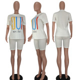 Print White Short Sleeves Shirt and Shorts 2PCS Set