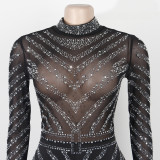 Sexy Rhinestone Mesh Patchwork Full Sleeve Tight Rompers