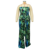 Print Green Strapless Belted Plus Size Wide Leg Jumpsuit