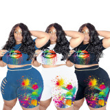 Plus Size Trendy Casual Ripped Lips Print Two Piece Shorts Set