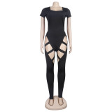 Sexy Black Cut Out Short Sleeve Slinky Jumpsuit