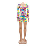 Print Long Sleeve Tie Front Top and Shorts Hot Sale Two Pieces