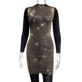 Sparkly Rhinestone Sleeveless Hollow Out Fishnet Beach Dress Cover-Up