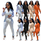 Solid Long Sleeve Mesh Sleeve Blazer Jumpsuit