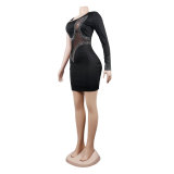 Sexy Rhinestone Mesh Insert Single Sleeve Asymmetric Bodycon Dress