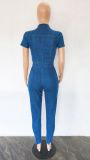 Sexy Short Sleeve Zip Up Belted Tight Denim Jumpsuit