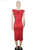Solid Ruffle Short Sleeve Slit Office Dress