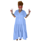 Plus Size Solid Button Turndown Collar Short Sleeve Loose Maxi Dress