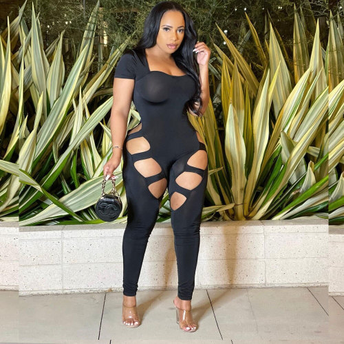 Sexy Black Cut Out Short Sleeve Slinky Jumpsuit