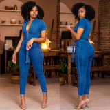 Sexy Short Sleeve Zip Up Belted Tight Denim Jumpsuit