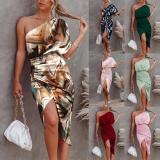 Sexy One Shoulder Ruched Irregular Bodycon Dress for Women