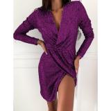 Sparkling Long Sleeve Ruched V Neck Mini Party Dress