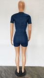 Sexy Short Sleeve Knot Cutout Slim Fit Blue Denim Rompers
