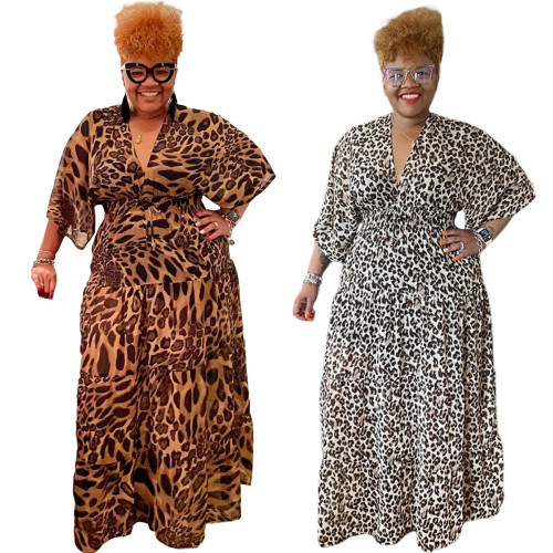 Plus Size Leopard Print V-neck Half Sleeve Maxi Dress