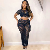 Fishnet Two-Piece Set Sexy Hollow Out See Through Crop Top and Long Skirt