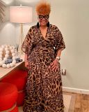 Plus Size Leopard Print V-neck Half Sleeve Maxi Dress