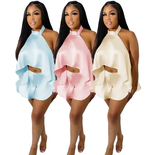 Halter Neck Low Back Top and Shorts 2PCS Set
