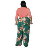 Plus Size Solid Tie Front Crop Top Floral Print Wide Leg Pants 2PCS Set