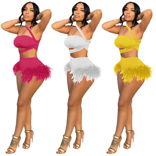 Club Two Piece Set Sexy Feather Irregular Crop Top and Shorts