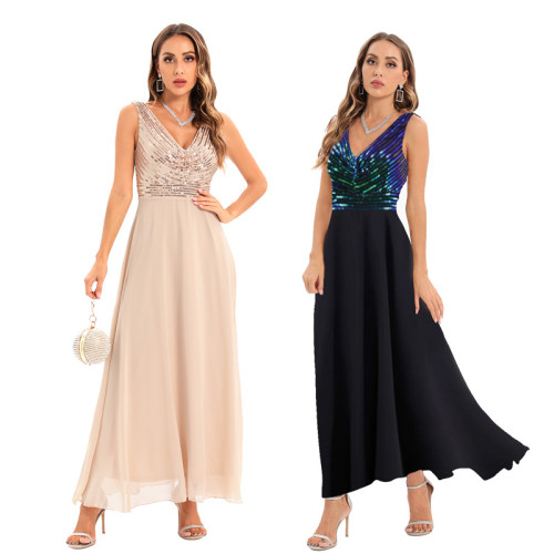 Sexy Sequin Bodice V-Neck Long Party Evening Dress