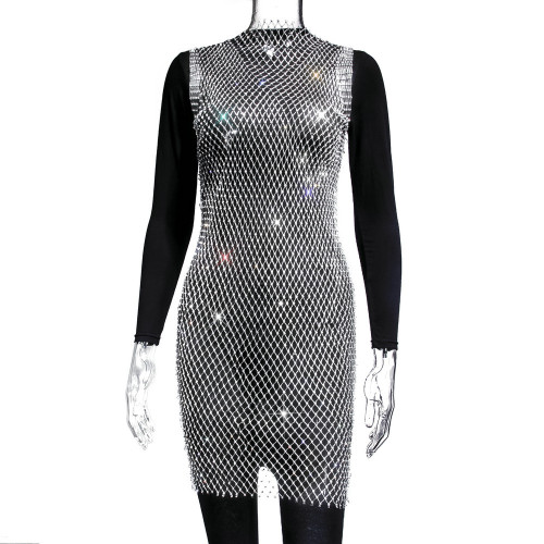 Sparkly Rhinestone Sleeveless Hollow Out Fishnet Beach Dress Cover-Up