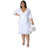 Plus Size Solid Sexy V Neck Tie Waist Ruffle Wrap Dress
