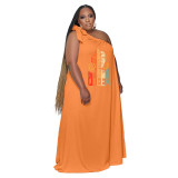 Plus Size Print Orange One Shoulder Loose Maxi Dress