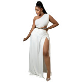 Plus Size Solid One Shoulder Crop Top and Ruched Long Skirt 2PCS Set
