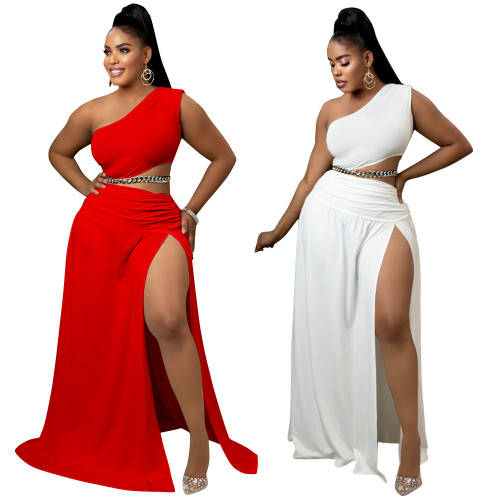 Plus Size Solid One Shoulder Crop Top and Ruched Long Skirt 2PCS Set