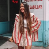 Casual Striped Button Up Sweater + Shorts 2PCS Set