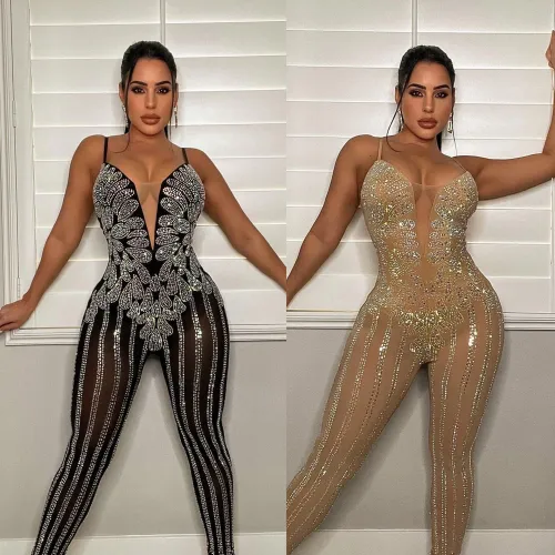 Sexy Rhinestone Mesh Patchwork Bodycon Cami Jumpsuit
