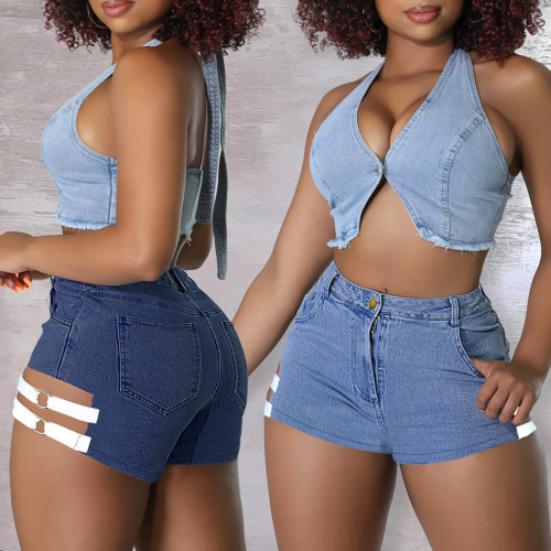 High Waist Hollow Out Ripped Tight Denim Shorts