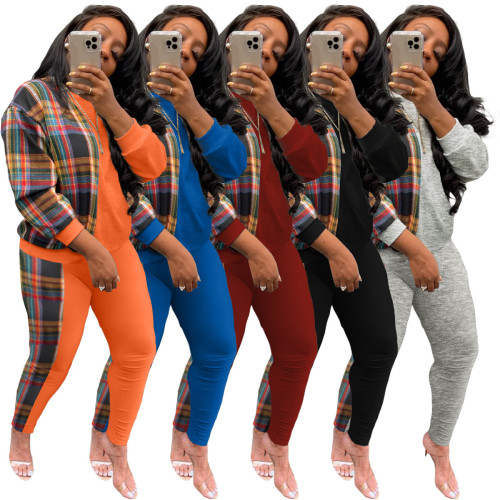 Casual Long Sleeve Plaid Patchwork Sweatsuit Two Piece Set
