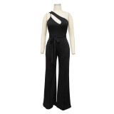 Black One Shoulder Cutout Tie Waist Wide Leg Jumpsuit