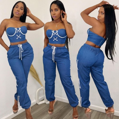 Bandeau Top Eyelet Lace-Up Casual Two Piece Pants Set