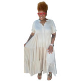 Plus Size Solid Button Turndown Collar Short Sleeve Loose Maxi Dress