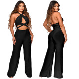 Solid Halter Low Back Hollow Out Wide Leg Jumpsuit