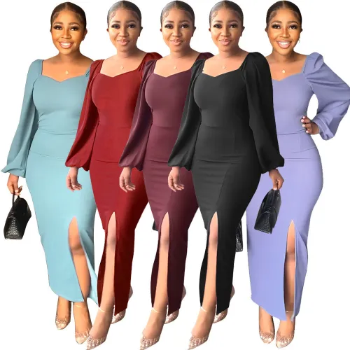 Puff Sleeve Solid Slit Elegant Midi Dress