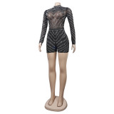Sexy Rhinestone Mesh Patchwork Full Sleeve Tight Rompers