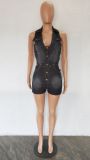 Sexy Slim Fit Washed Sleeveless Black Denim Rompers