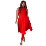 Plus Size Two Pieces Sexy Solid Sleeveless Slit Long Top and Pants Set