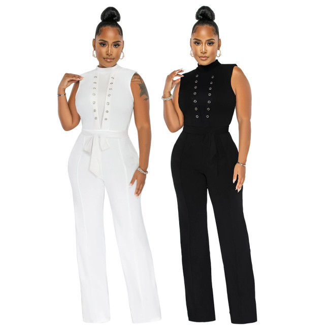 Sexy Solid Sleeveless Round Neck Wide Leg Formal Jumpsuit