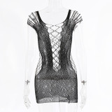 Black Sexy Beaded Mesh See-Through Hollow Out Bodycon Mini Dress