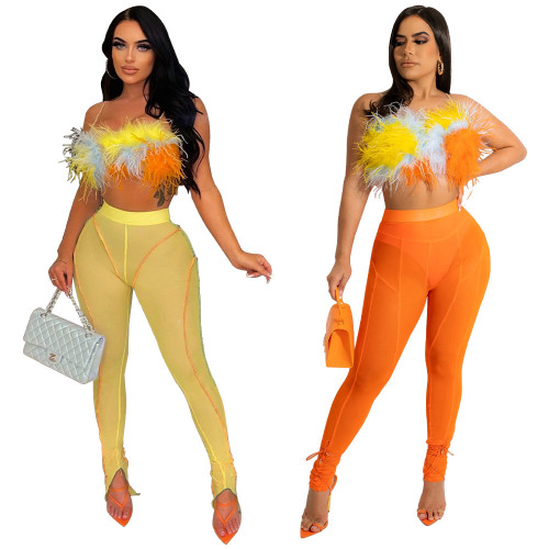 Women's Nightclub 2PCS Set Feather Cami Crop Top and Mesh Pants