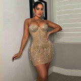 Sexy Beaded Mesh Fringe Cami Club Dress